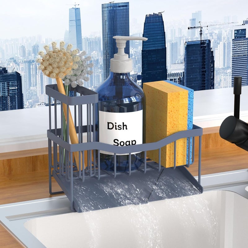 Fssvcd Maifan Sink Caddy Sponge Holder for Kitchen with Brush Holder and Stainless Steel Self Drain Tray, Rustproof Kitchen Sink Organizer for Sponge, Soap Dispenser Storage Accessories Grey Blue - Image 1
